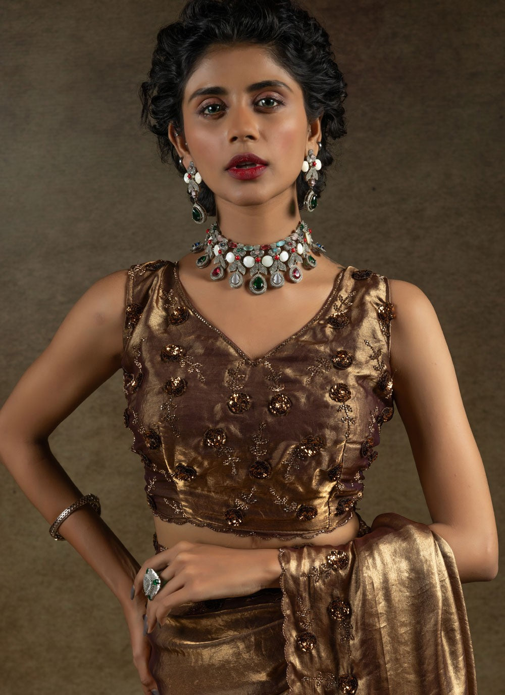 Sequins Satin Silk Brown Saree S14824