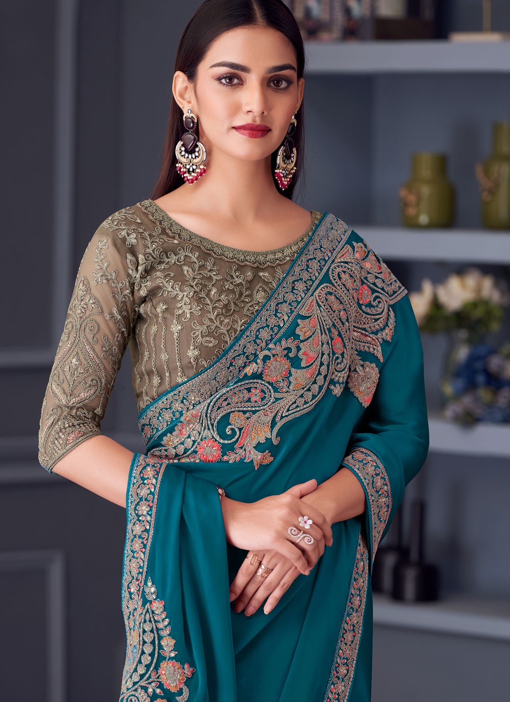 Embroidered Satin Silk Morpeach Saree S14591