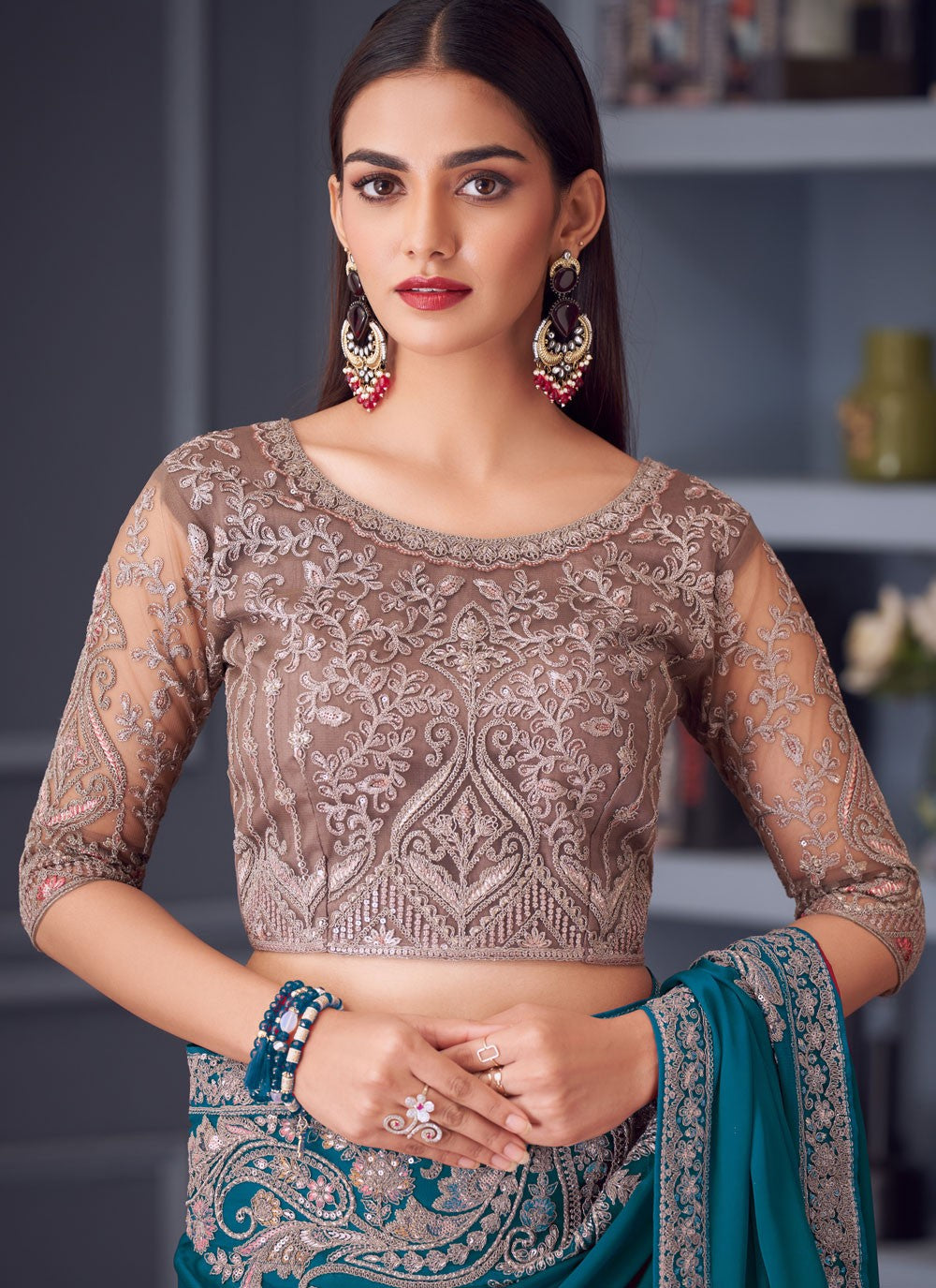 Embroidered Satin Silk Morpeach Saree S14591