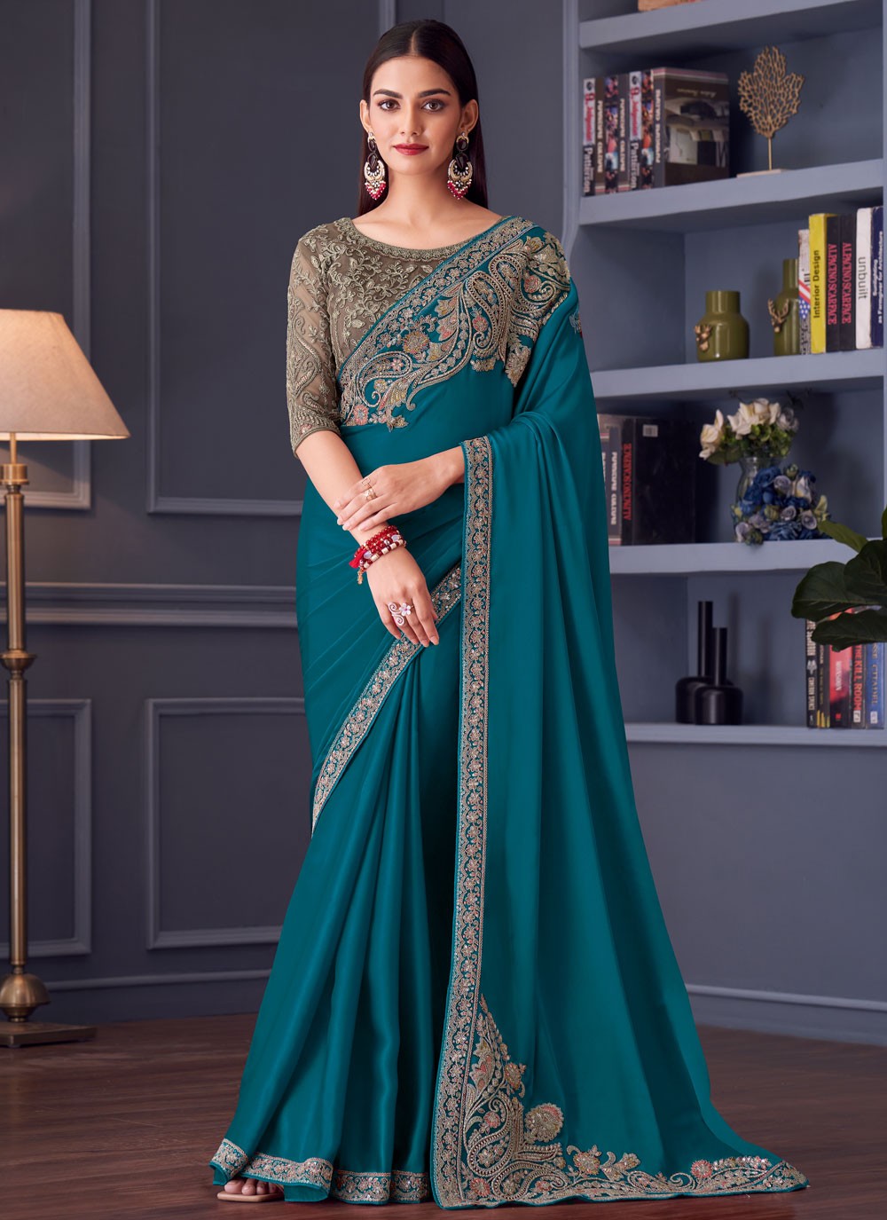 Embroidered Satin Silk Morpeach Saree S14591