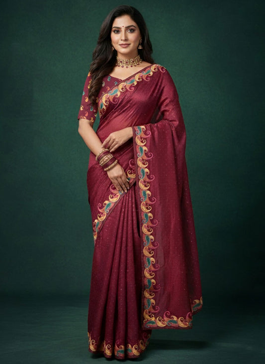 Maroon Satin Silk Contemporary Saree Embroidered S20242