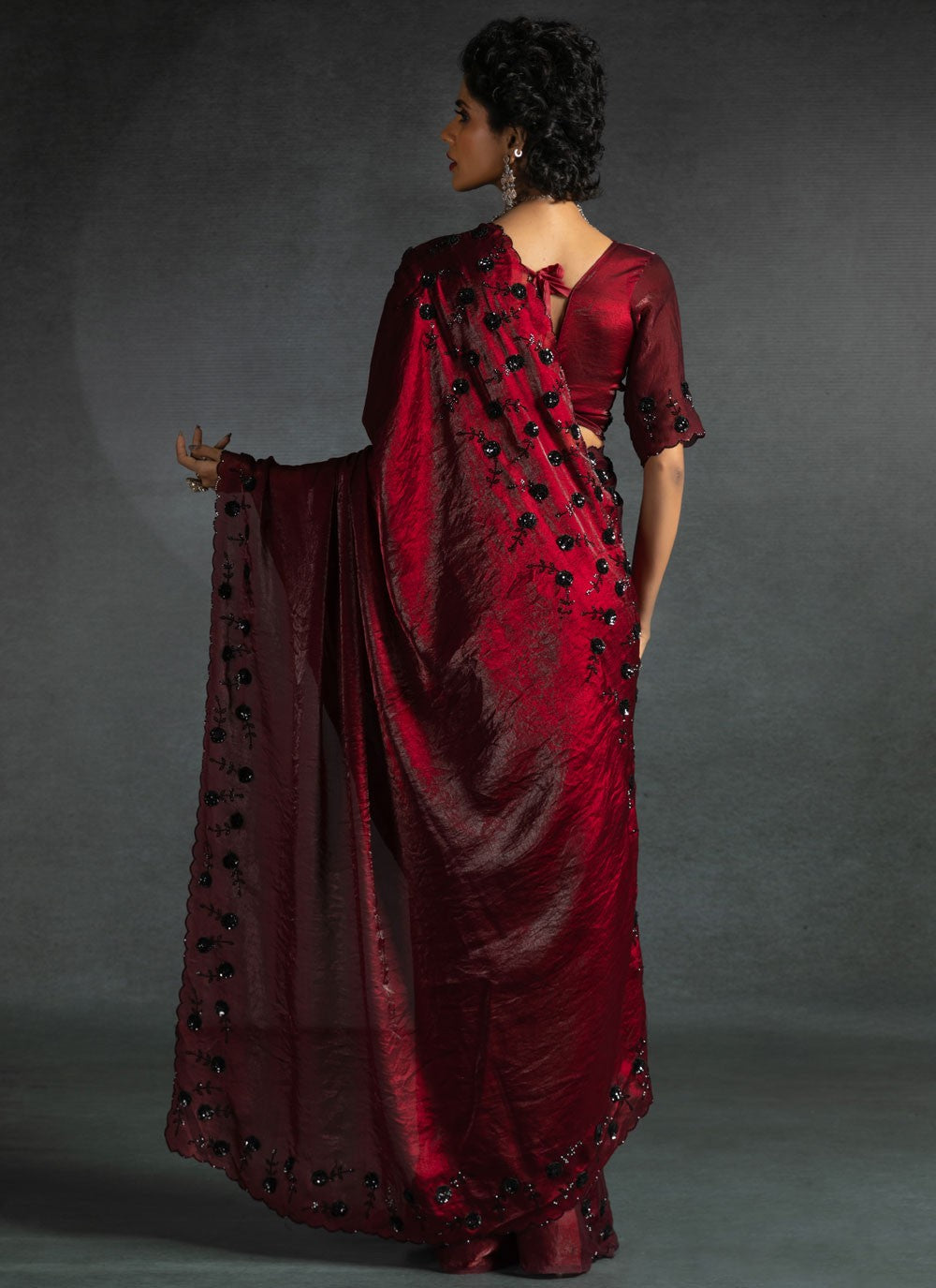 Cut Work Satin Silk Hot Pink Contemporary Saree S14882