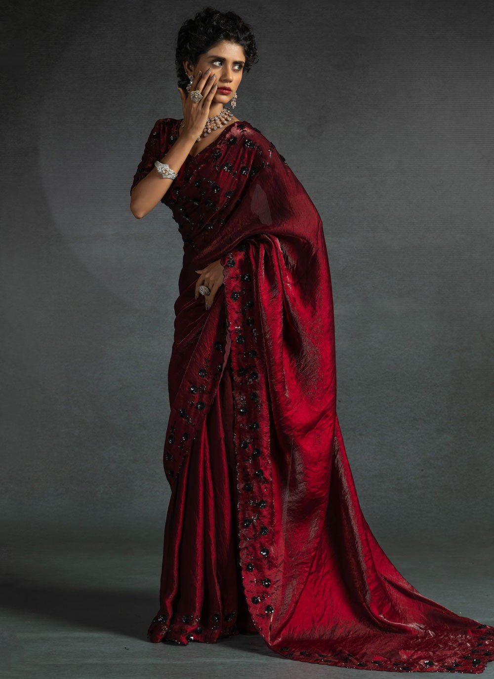 Cut Work Satin Silk Hot Pink Contemporary Saree S14882