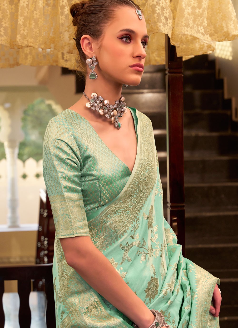 Weaving Zari Satin Silk Turquoise Contemporary Saree S15407