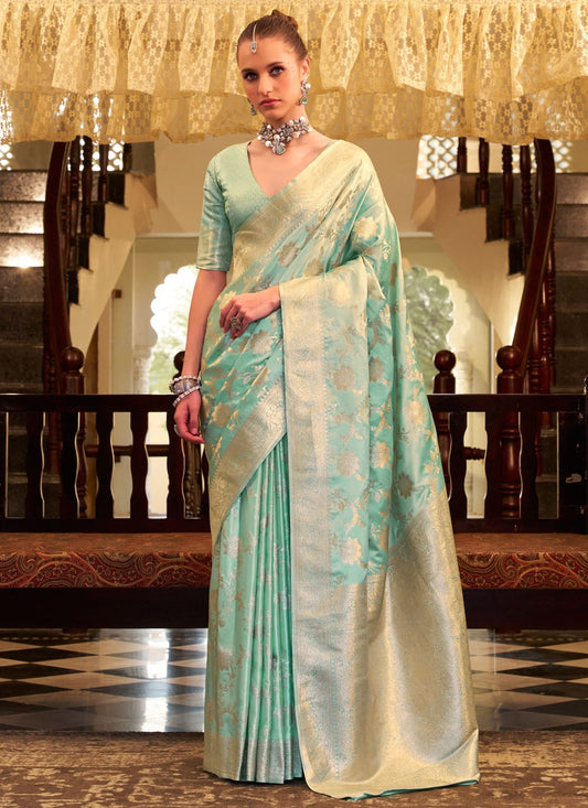 Weaving Zari Satin Silk Turquoise Contemporary Saree S15407