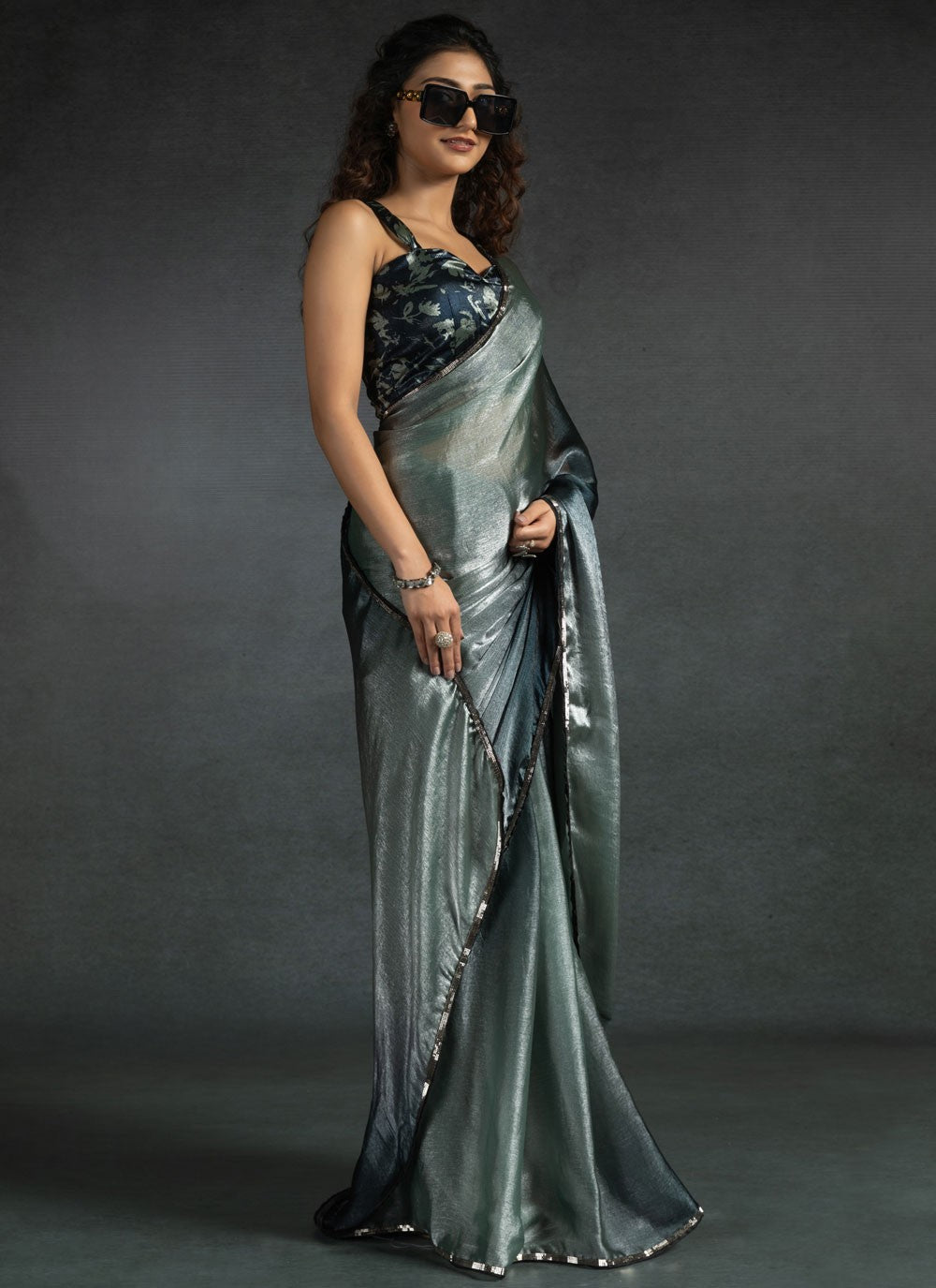Border Work Satin Silk Grey Designer Saree S15414