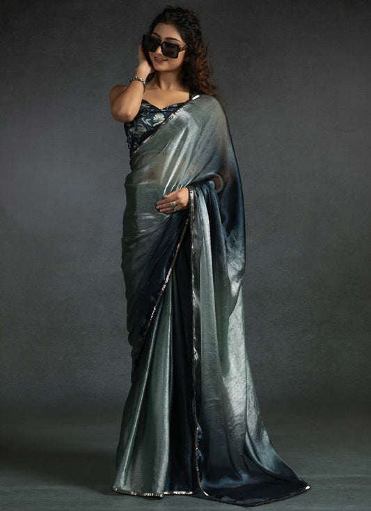 Border Work Satin Silk Grey Designer Saree S15414
