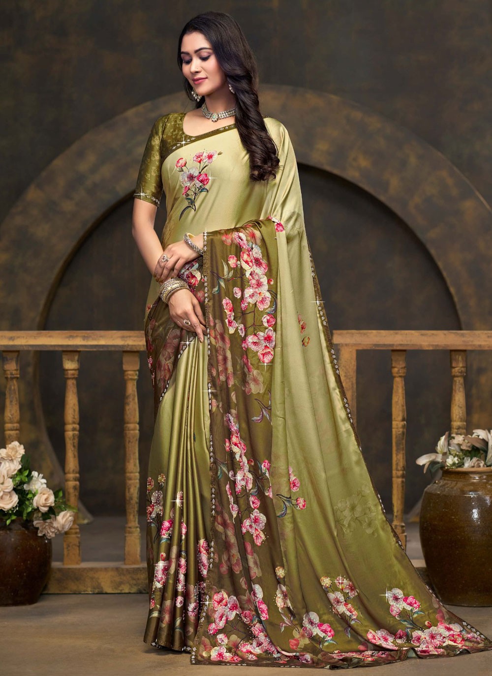 Designer Digital Print Green Satin Silk Saree S13238
