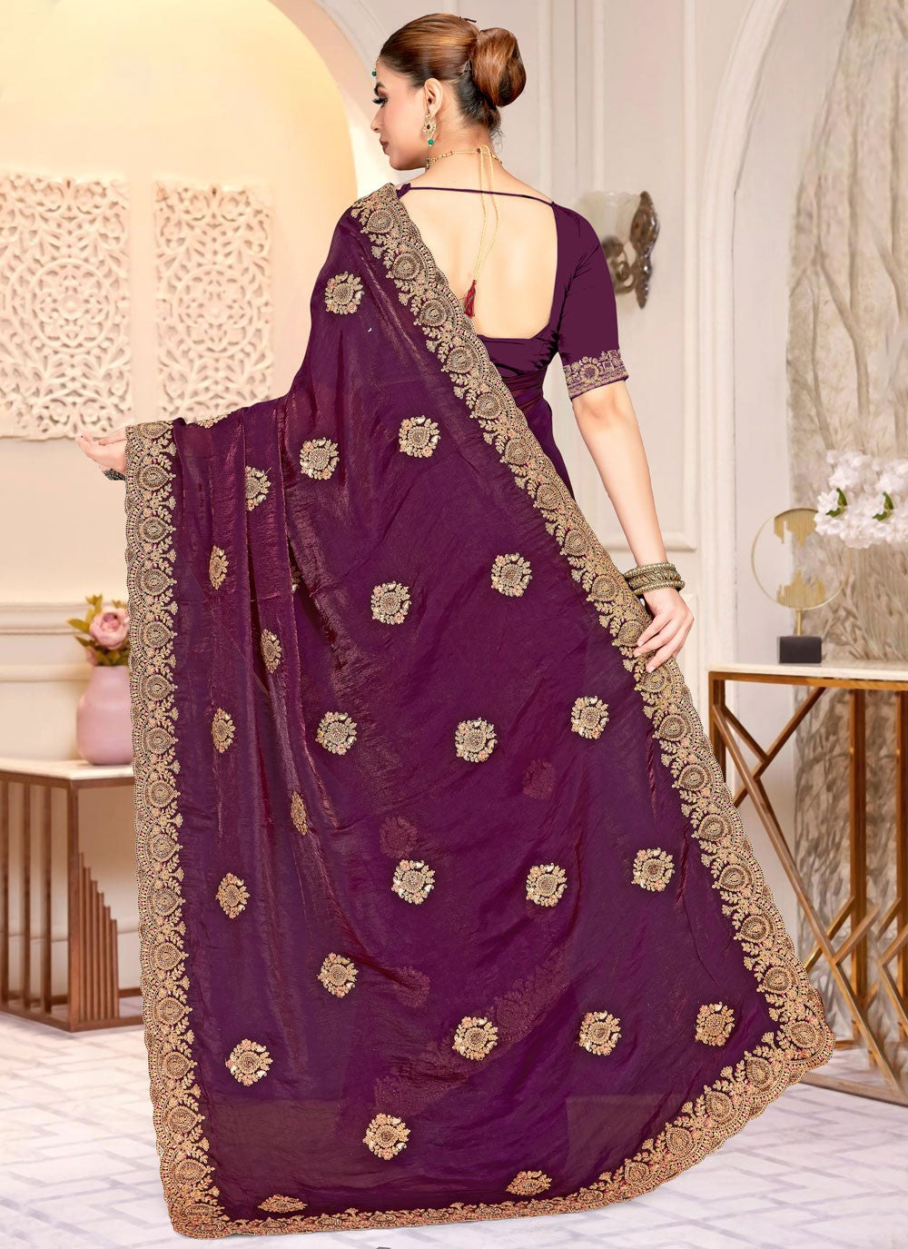 Purple Satin Silk Contemporary Saree Cord, Embroidered S20216