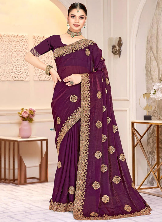 Purple Satin Silk Contemporary Saree Cord, Embroidered S20216