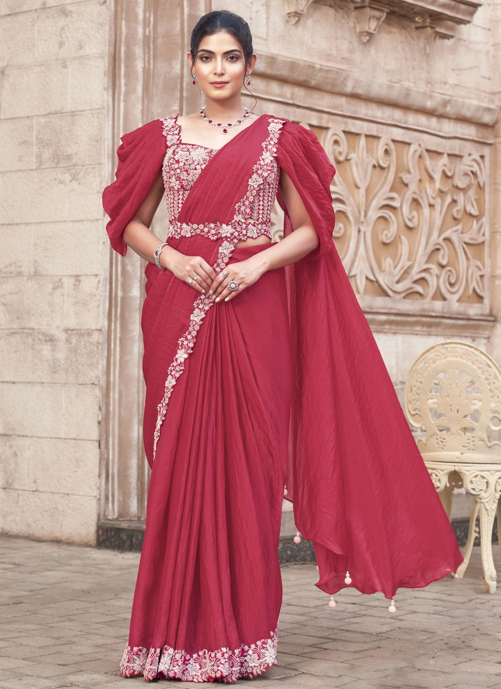 Embroidered Satin Silk Hot Pink Saree S14523