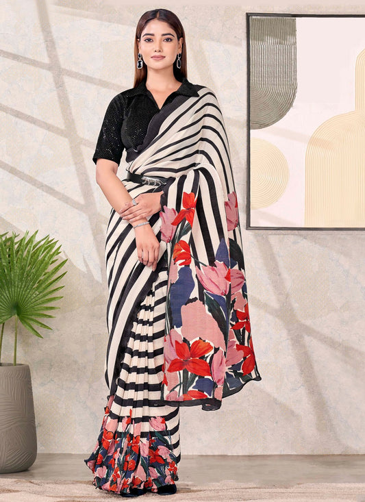 Black Satin Silk Classic Saree Abstract Print S19173