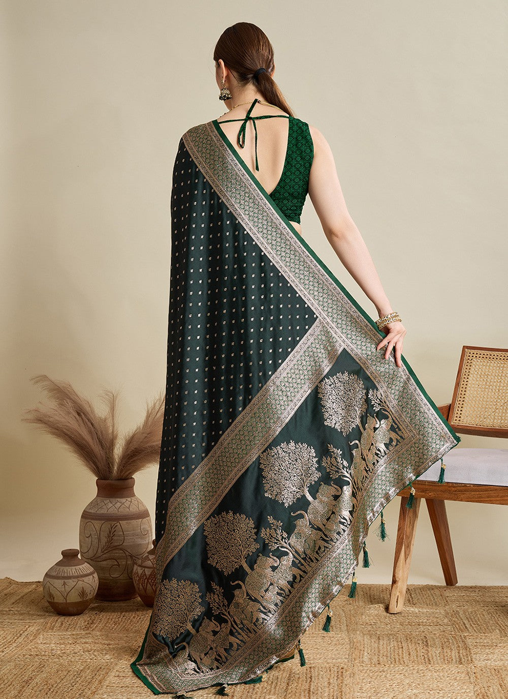 Green Satin Silk Trendy Saree Woven, Zari S16981
