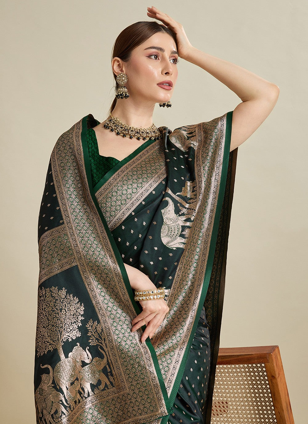 Green Satin Silk Trendy Saree Woven, Zari S16981