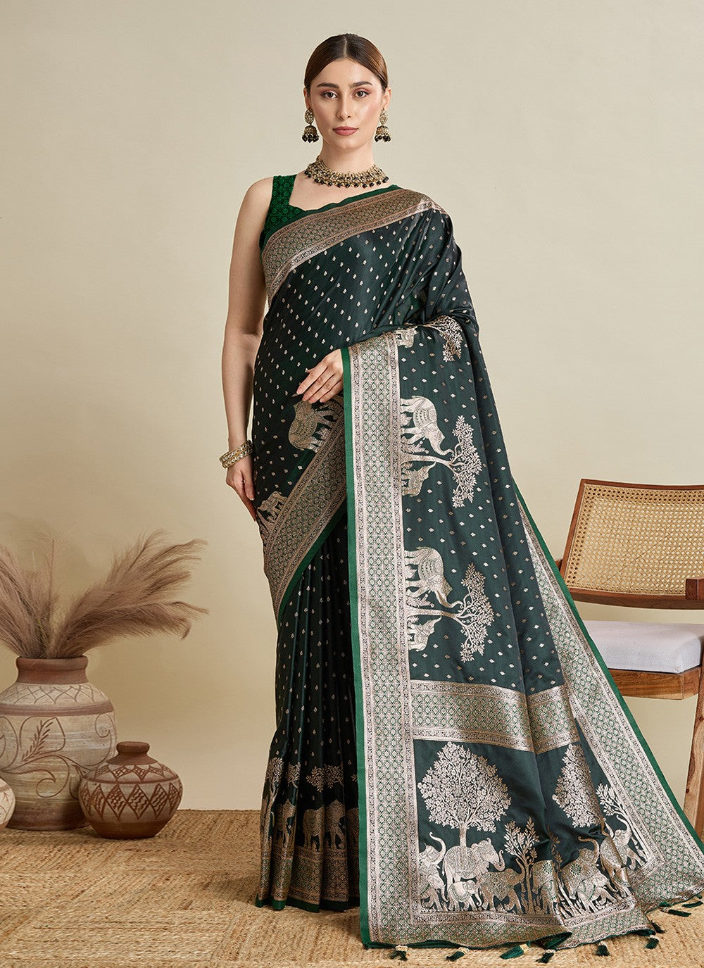 Green Satin Silk Trendy Saree Woven, Zari S16981