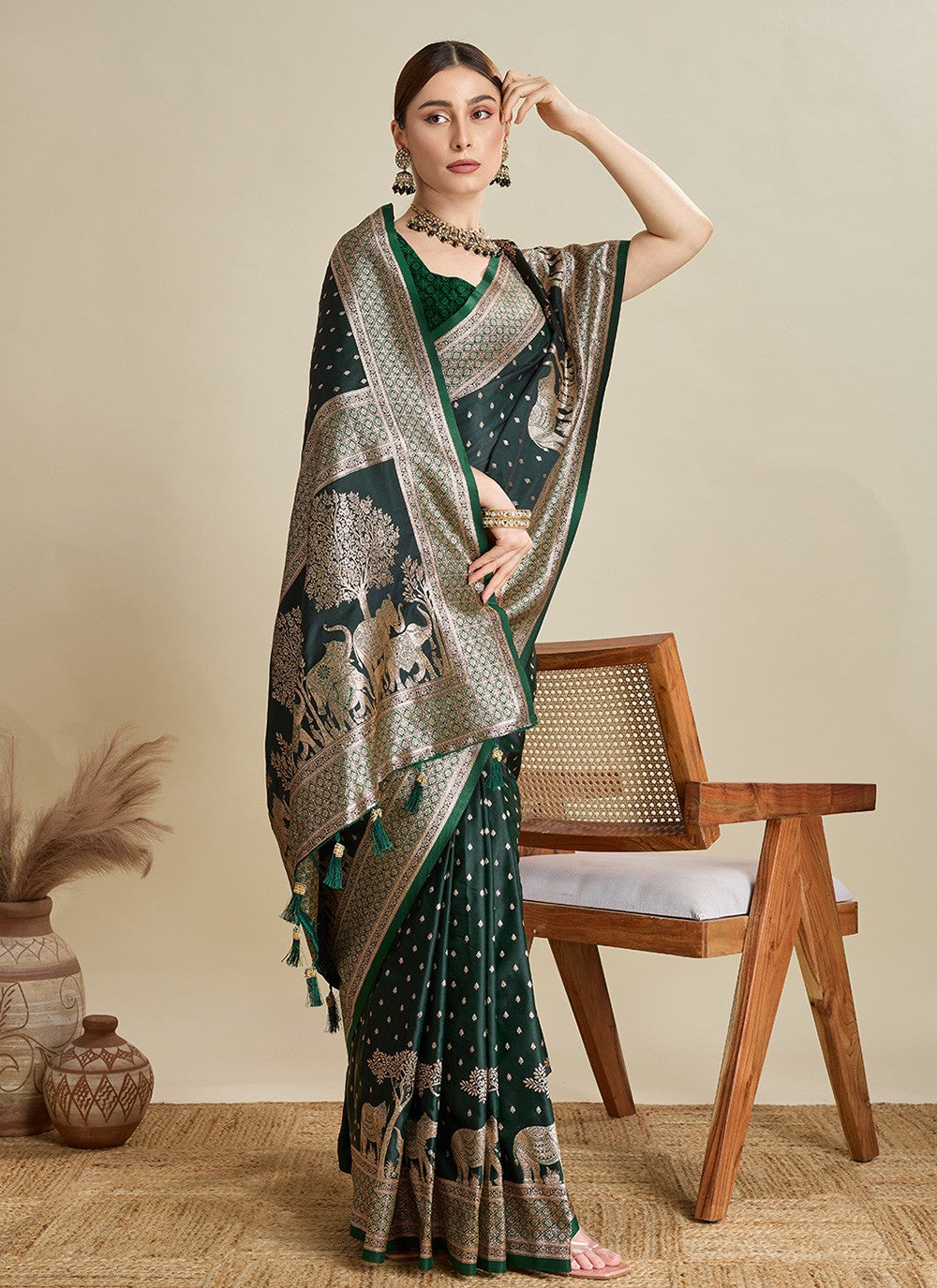 Green Satin Silk Trendy Saree Woven, Zari S16981
