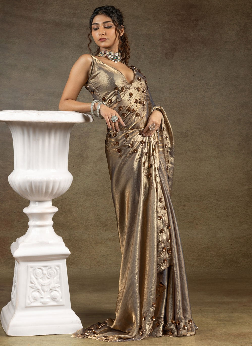 Sequins Satin Silk Grey Saree S14821