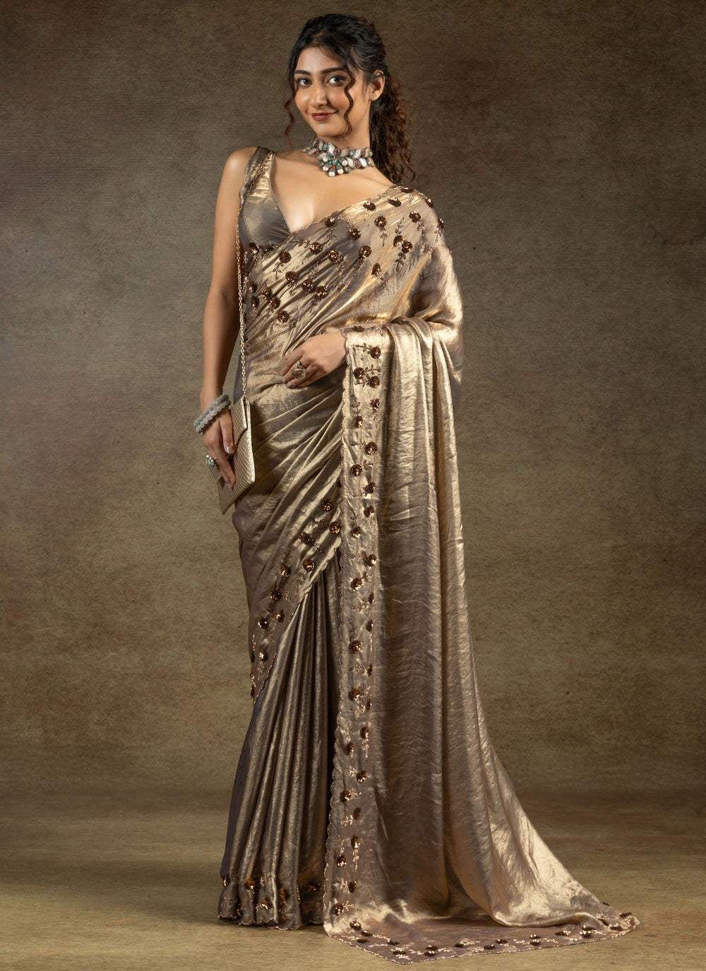 Sequins Satin Silk Grey Saree S14821