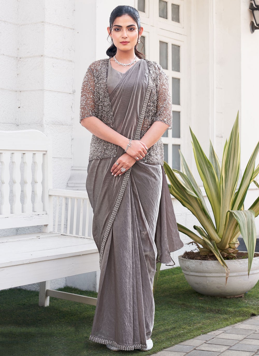 Classic Saree Beads Grey Satin Silk Saree S13376