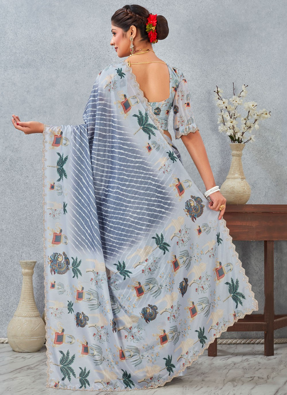 Grey Satin Silk Classic Saree Digital Print S20210