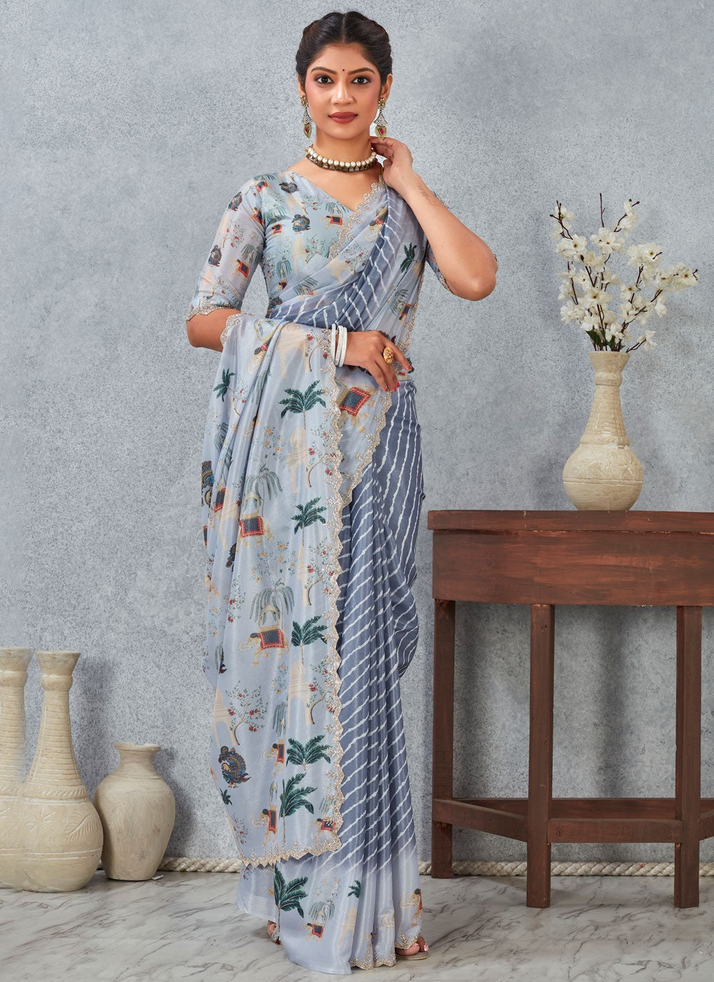 Grey Satin Silk Classic Saree Digital Print S20210