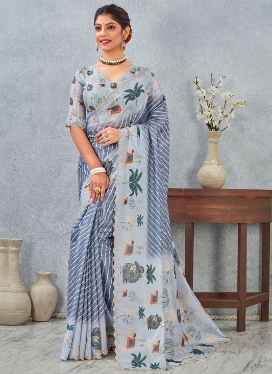 Grey Satin Silk Classic Saree Digital Print S20210