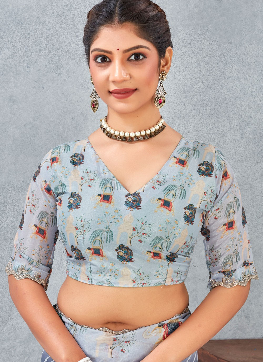 Grey Satin Silk Classic Saree Digital Print S20210