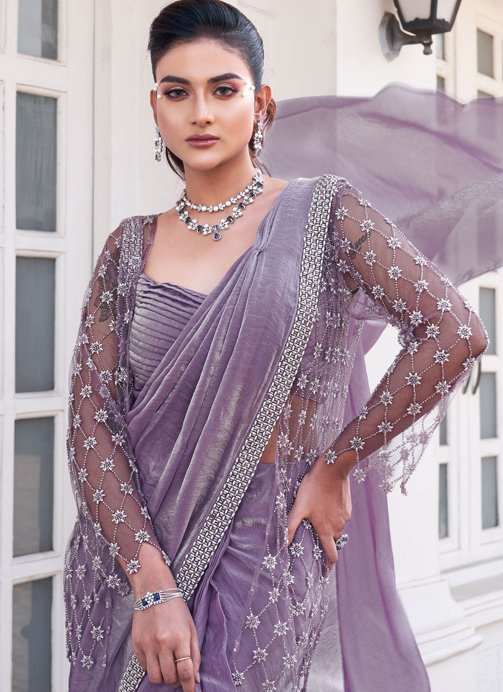 Contemporary Beads Lavender Satin Silk Saree S13382
