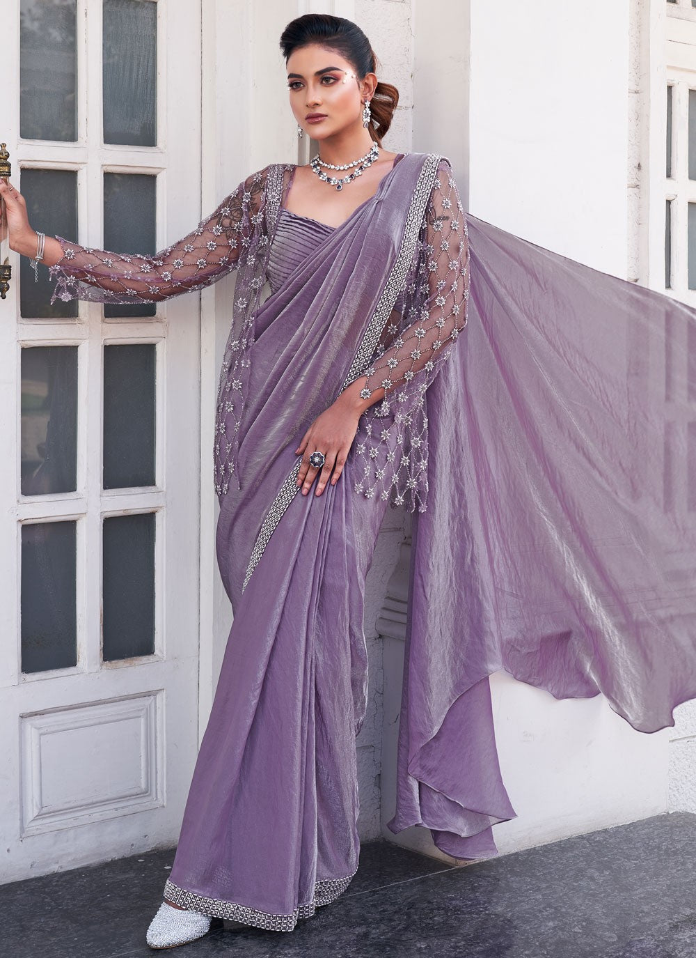 Contemporary Beads Lavender Satin Silk Saree S13382