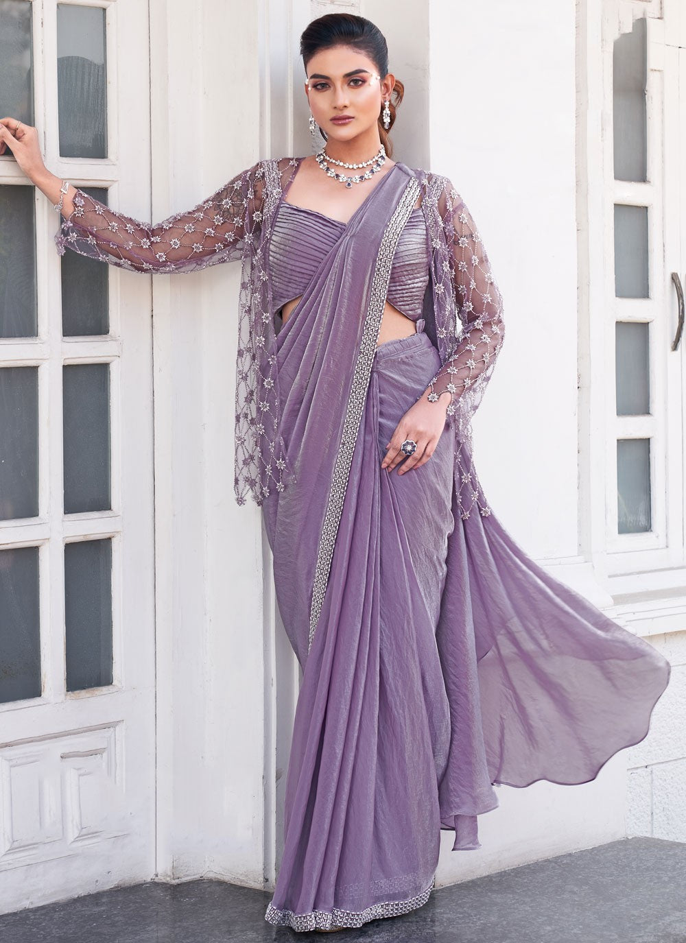 Contemporary Beads Lavender Satin Silk Saree S13382