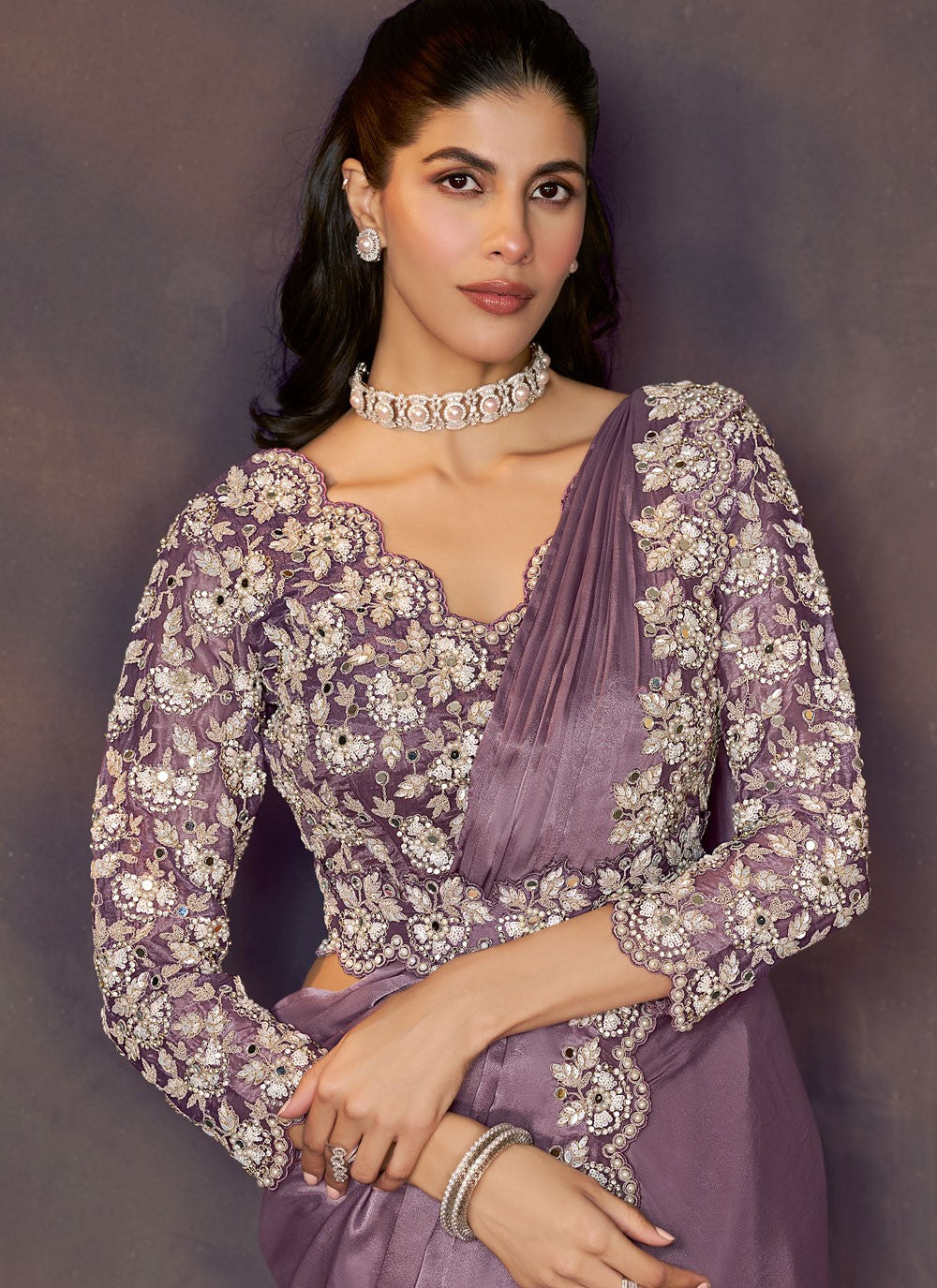 Lavender Satin Silk Contemporary Saree Embroidered, Sequins S20475