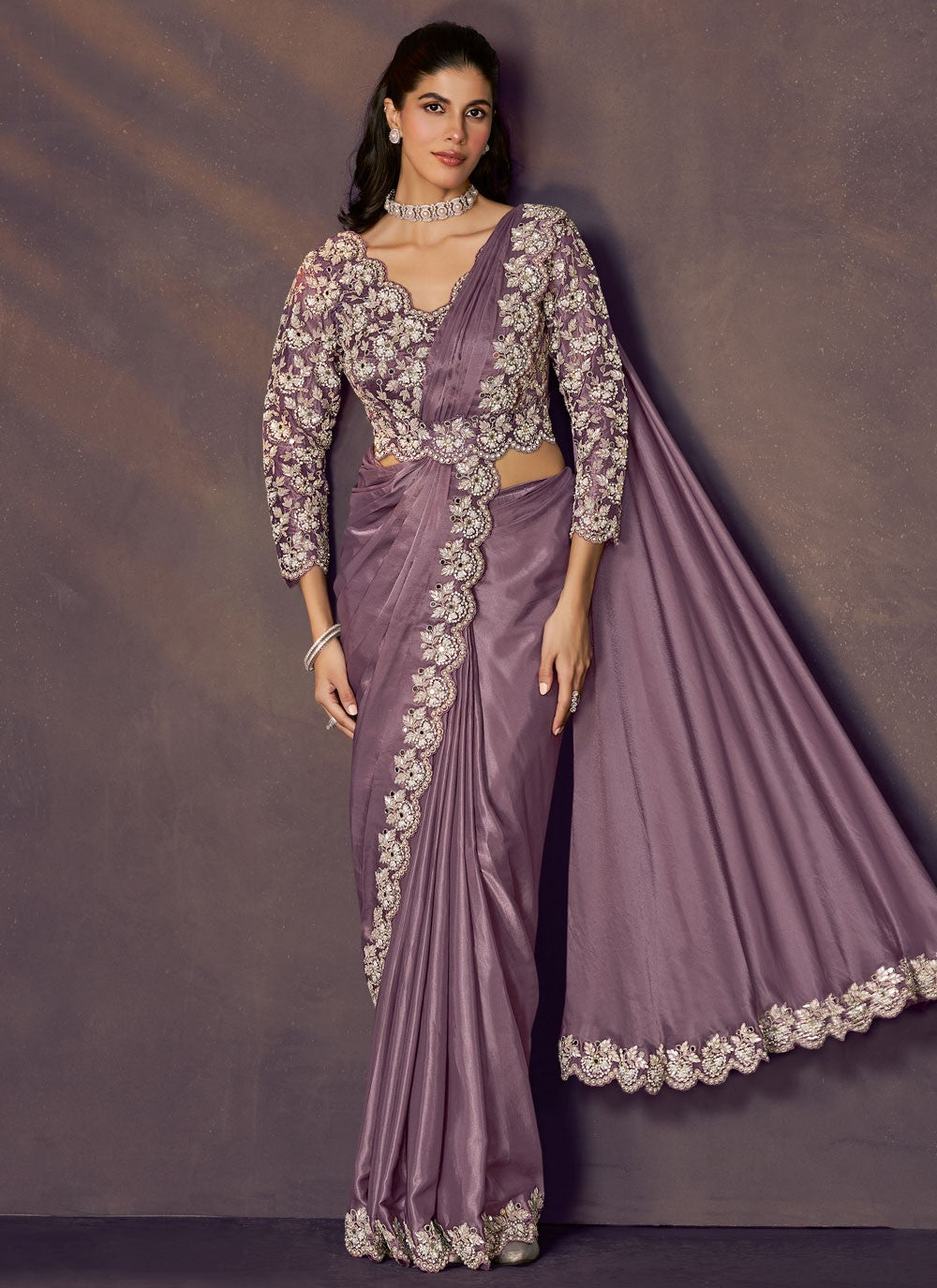 Lavender Satin Silk Contemporary Saree Embroidered, Sequins S20475