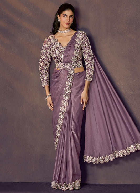 Lavender Satin Silk Contemporary Saree Embroidered, Sequins S20475
