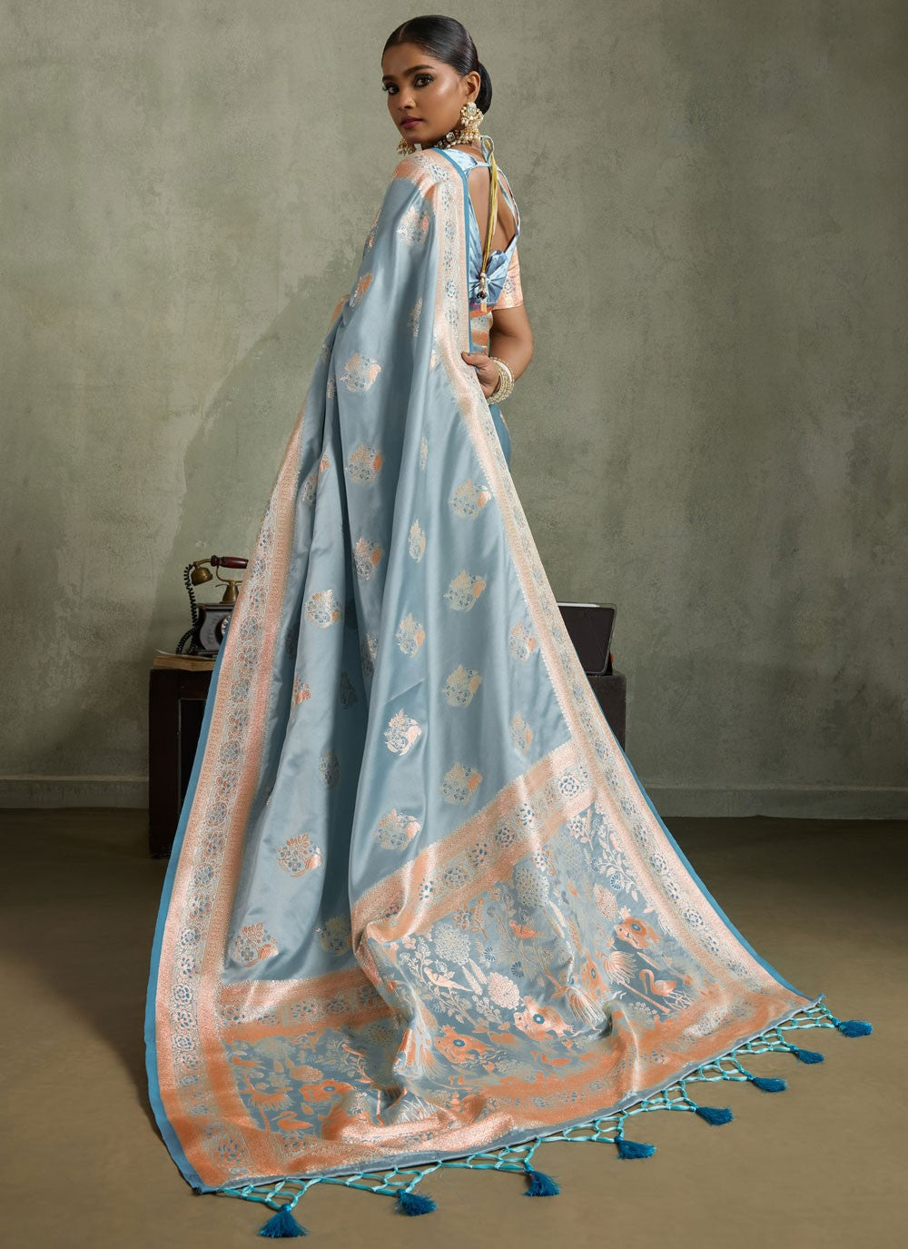 Blue Satin Silk Traditional Saree Banarasi Jari, Border Work, Meenakari, Woven S19052