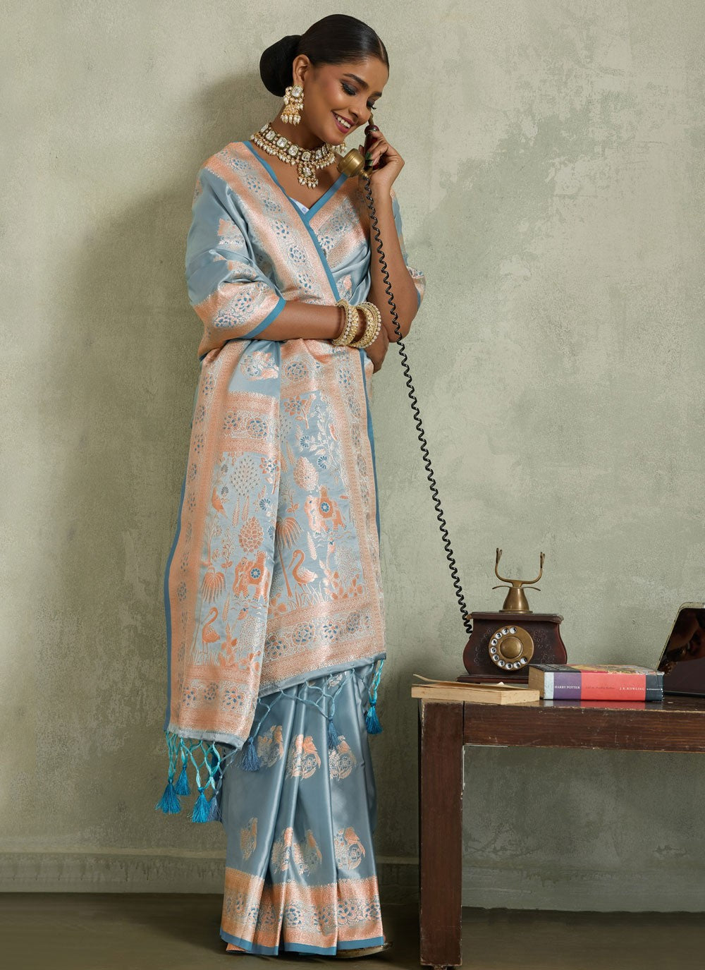 Blue Satin Silk Traditional Saree Banarasi Jari, Border Work, Meenakari, Woven S19052