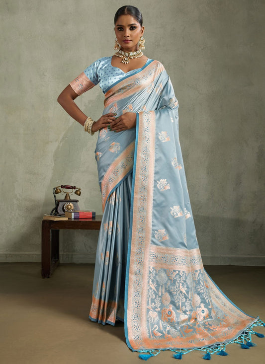 Blue Satin Silk Traditional Saree Banarasi Jari, Border Work, Meenakari, Woven S19052