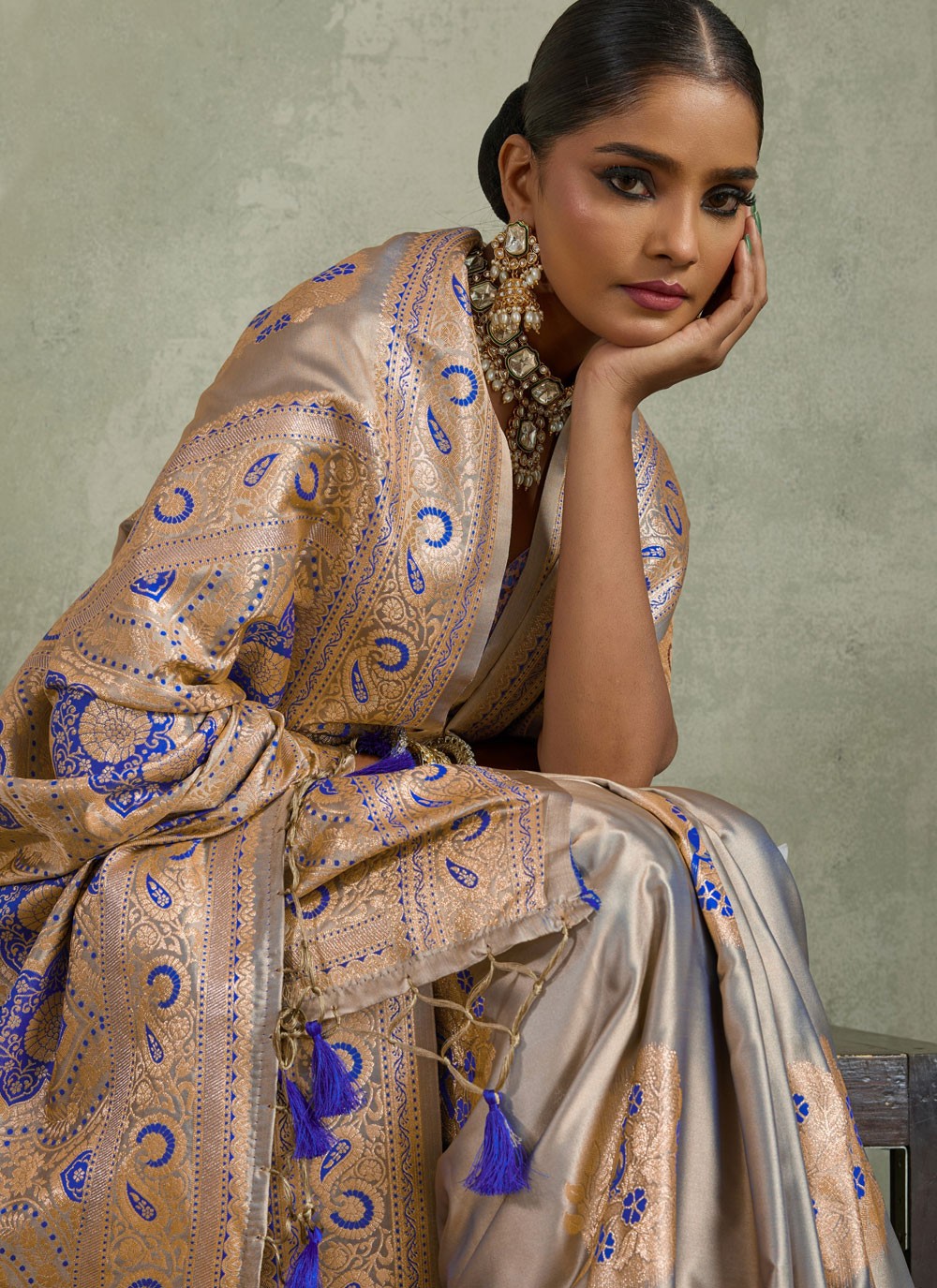 Violet Satin Silk Contemporary Saree Banarasi Jari, Border Work, Meenakari, Woven S19055