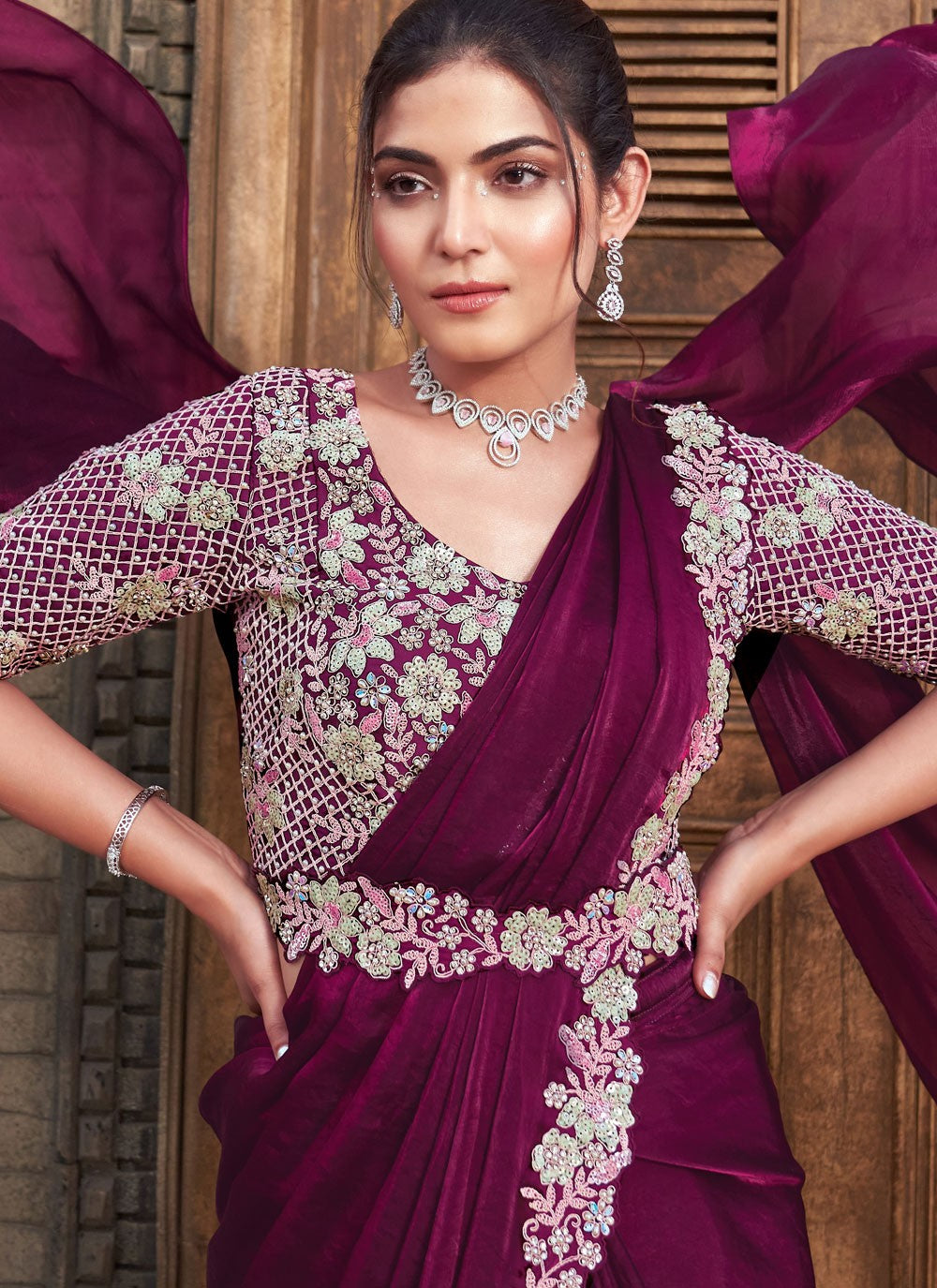 Moti Satin Silk Wine Saree S14524