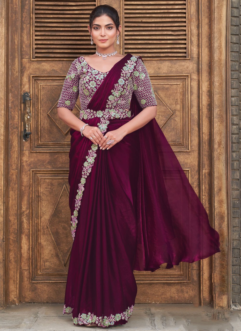 Moti Satin Silk Wine Saree S14524