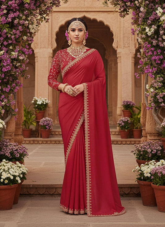 Red Faux Crepe Classic Saree Embroidered, Moti S20034