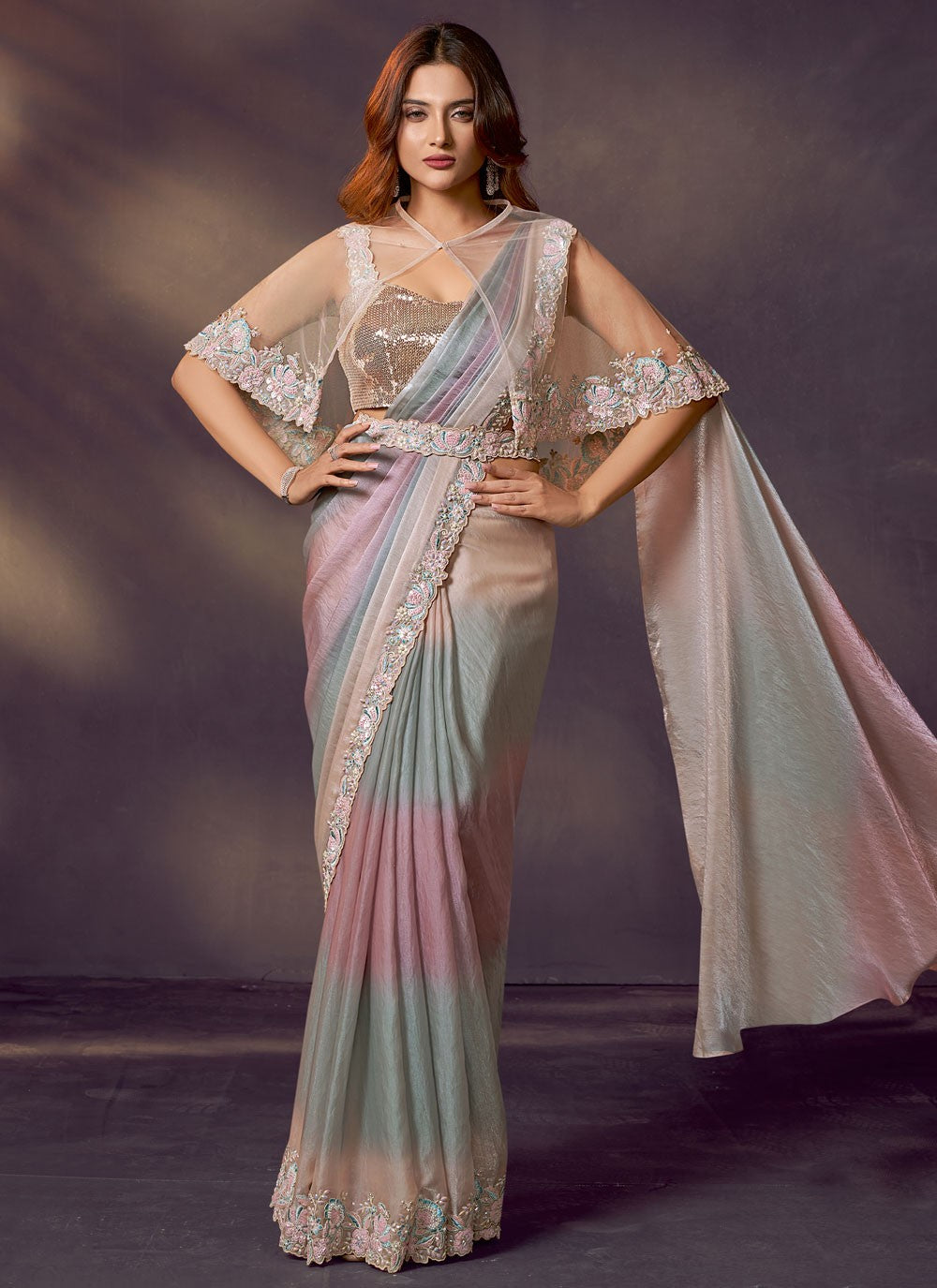 Multi Colour Satin Silk Classic Saree Embroidered, Sequins S20474