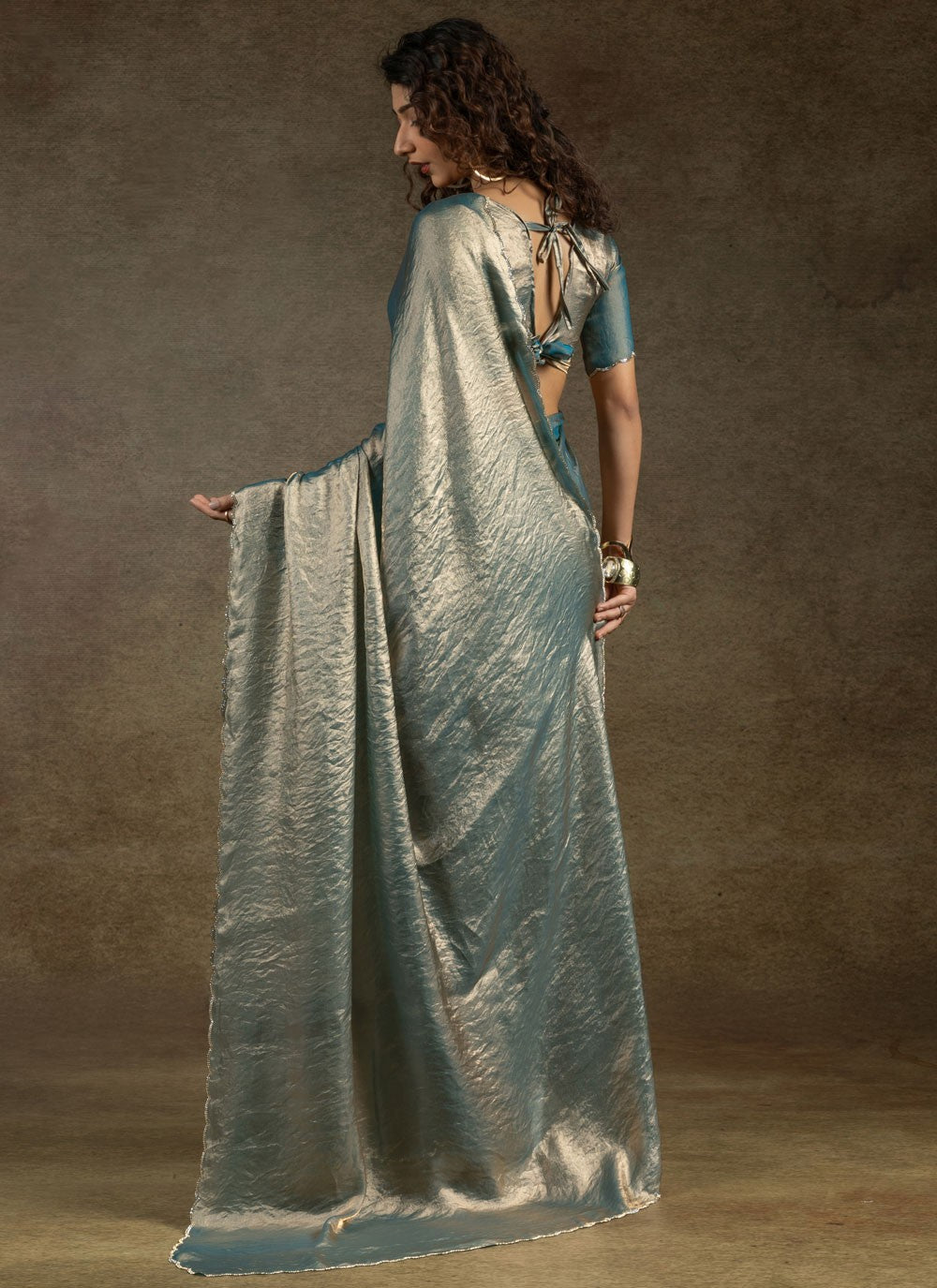 Cut Work Satin Silk Firozi Traditional Saree S15420