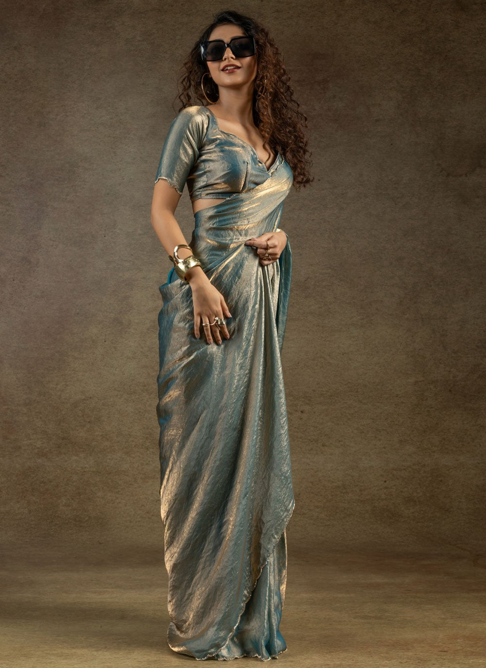 Cut Work Satin Silk Firozi Traditional Saree S15420
