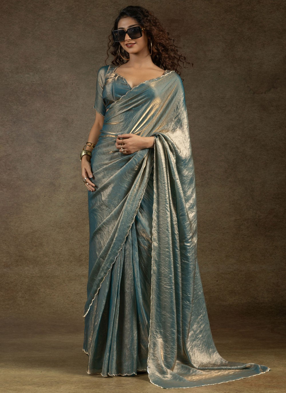 Cut Work Satin Silk Firozi Traditional Saree S15420