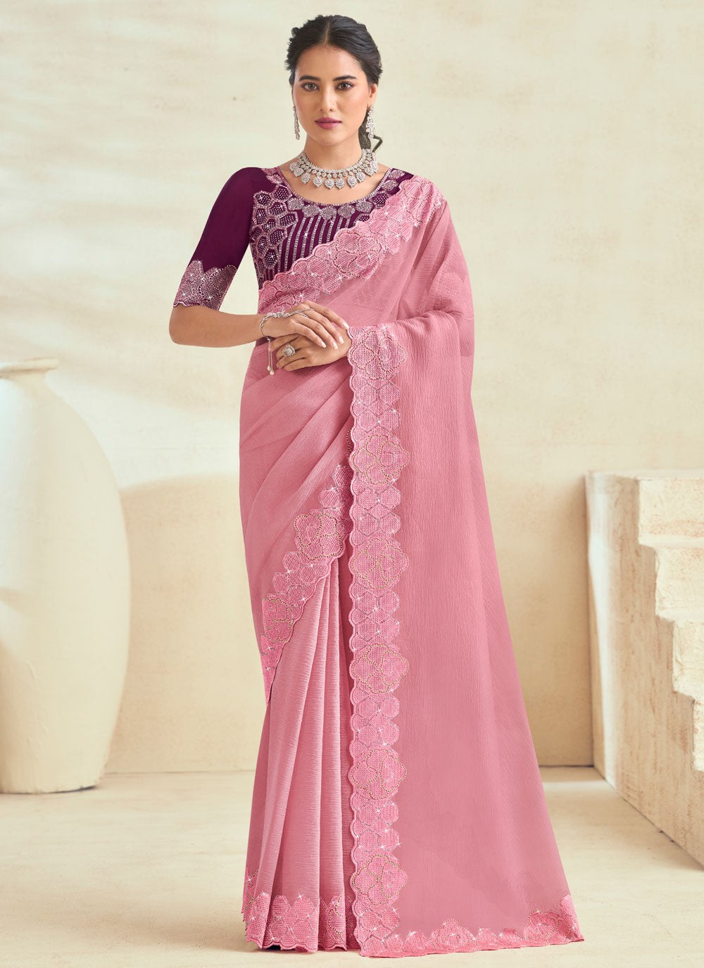Classic Saree Fancy Work Pink Satin Silk Saree S13133
