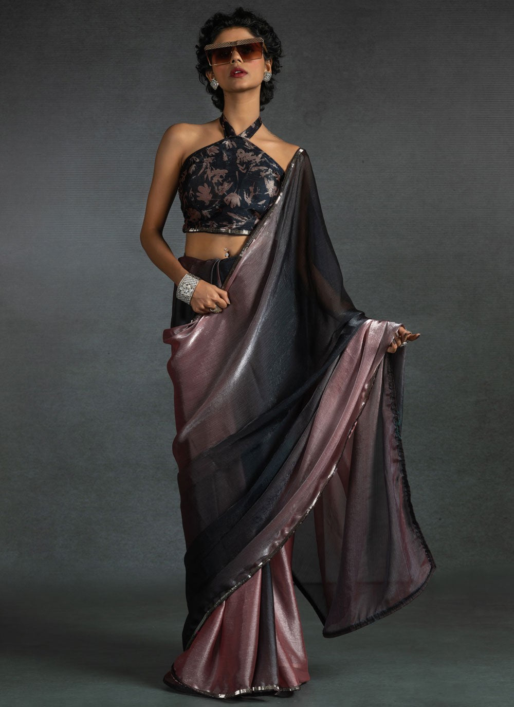 Border Work Satin Silk Pink Contemporary Saree S15413