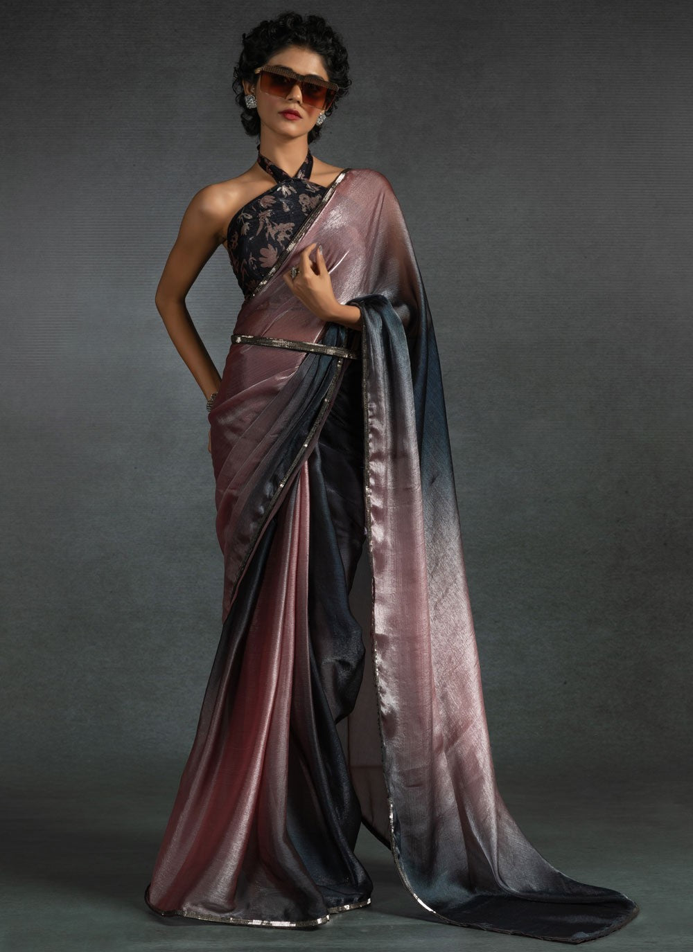 Border Work Satin Silk Pink Contemporary Saree S15413