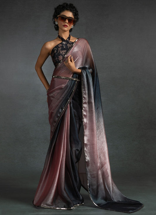 Border Work Satin Silk Pink Contemporary Saree S15413