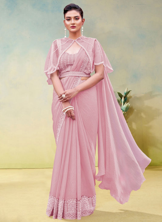 Pink Satin Silk Trendy Saree Embroidered, Sequins S19901