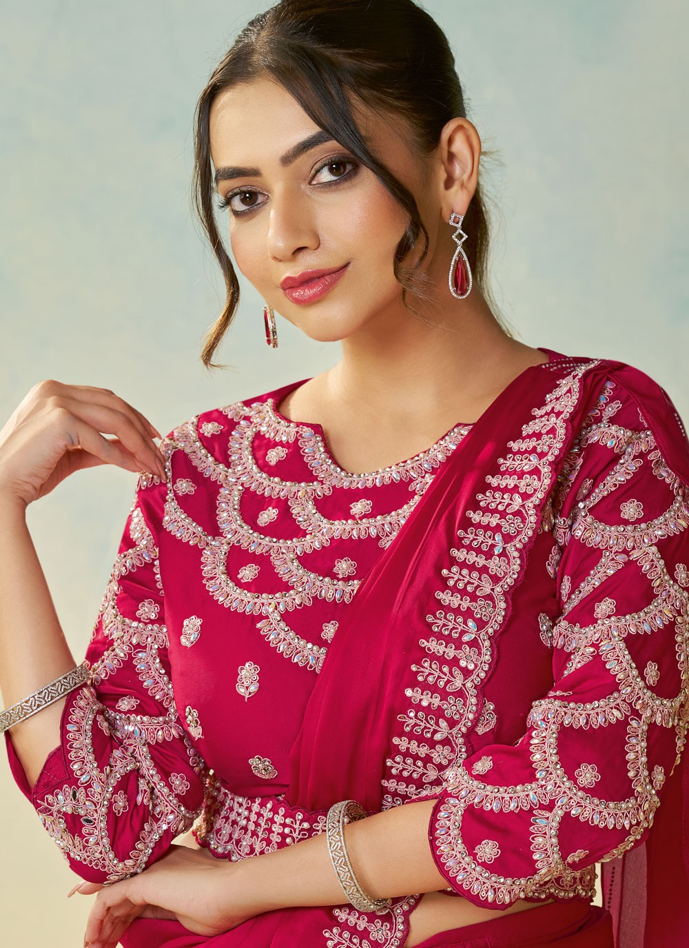 Hot Pink Satin Silk Classic Saree Embroidered, Sequins S19906